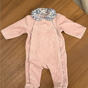 French Pink Floral-Collar Baby Velvet One-Piece Onesie